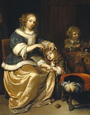 Mother Combing Child's Hair by Caspar Netscher (1669)